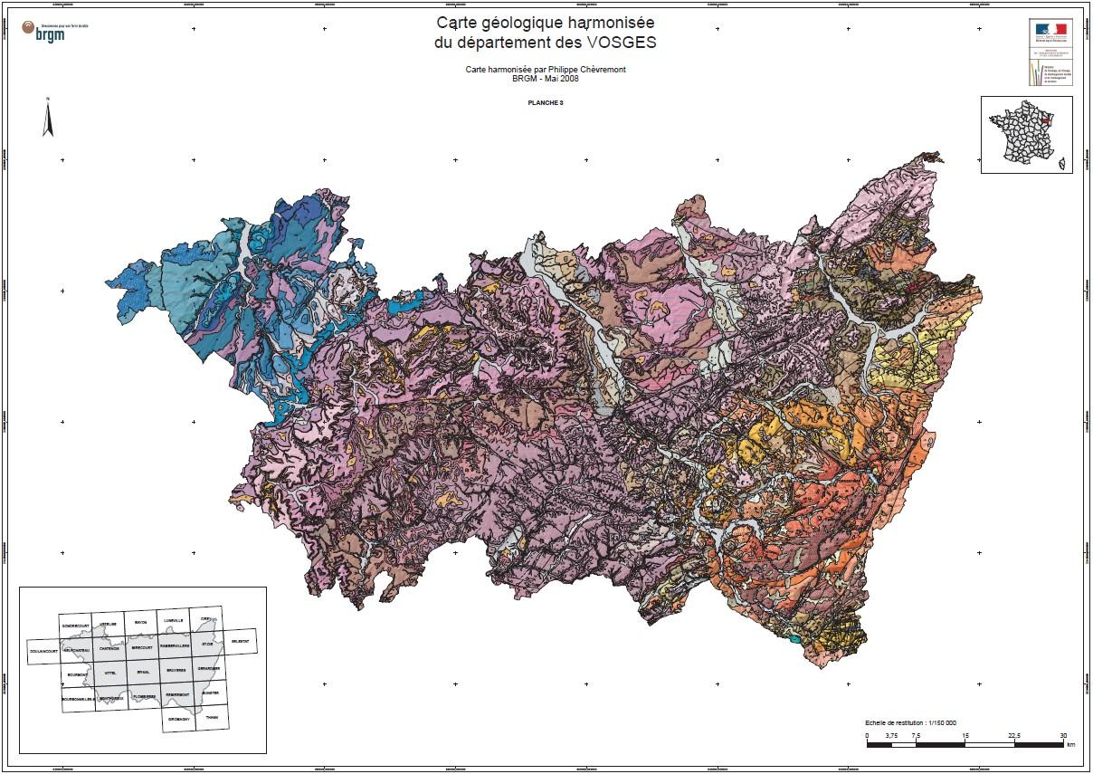 Carte géologique harmonisée du département des Vosges (2008)
©BRGM - P. Chèvremont
Carte géologique harmonisée du département des Vosges