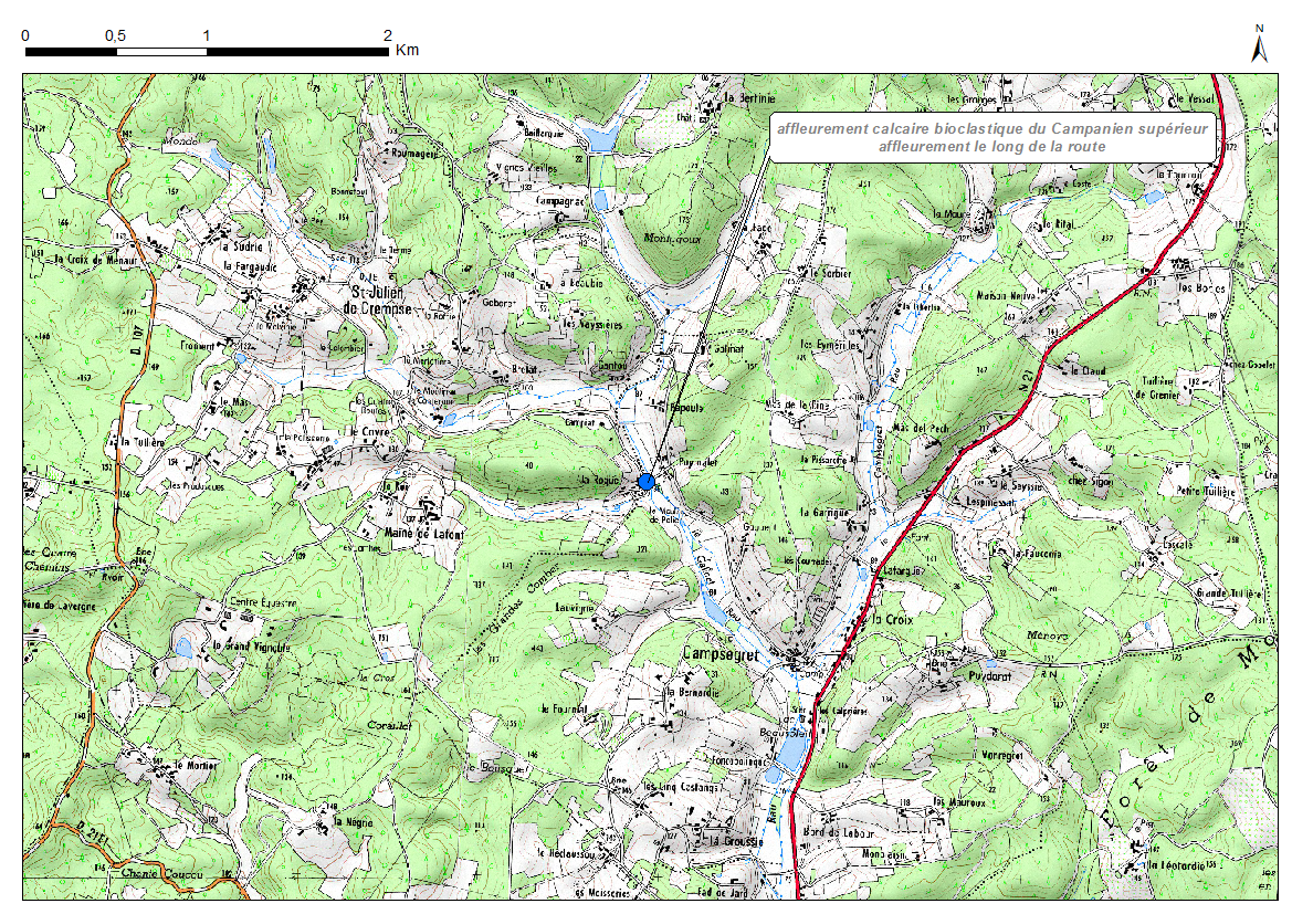 Carte de localisation du site "La Roque" (commune de Campsegret)