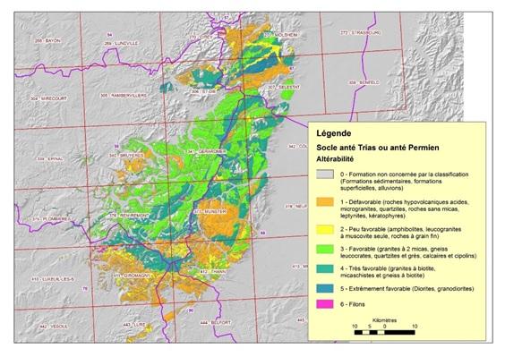 Cartographie du potentiel des roches à s’altérer, traduisant le potentiel aquifère (Chabart & al, 2021)
