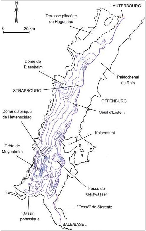 Epaisseur de la nappe d’Alsace en moyenne eaux (Aquifères et eaux souterraines en France, 2006)
©BRGM
Epaisseur de la nappe d’Alsace en moyenne eaux (Aquifères et eaux souterraines en France, 2006)