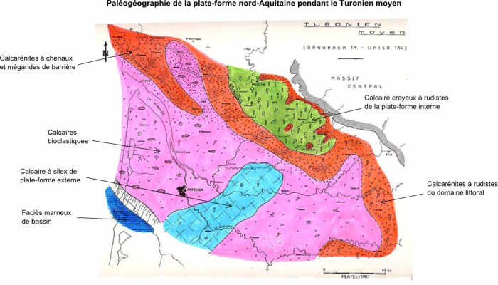 Paléogéographie de la plate-forme nord-Aquitain pendant le Turonien moyen
BRGM
Paléogéographie de la plate-forme nord-Aquitain pendant le Turonien moyen