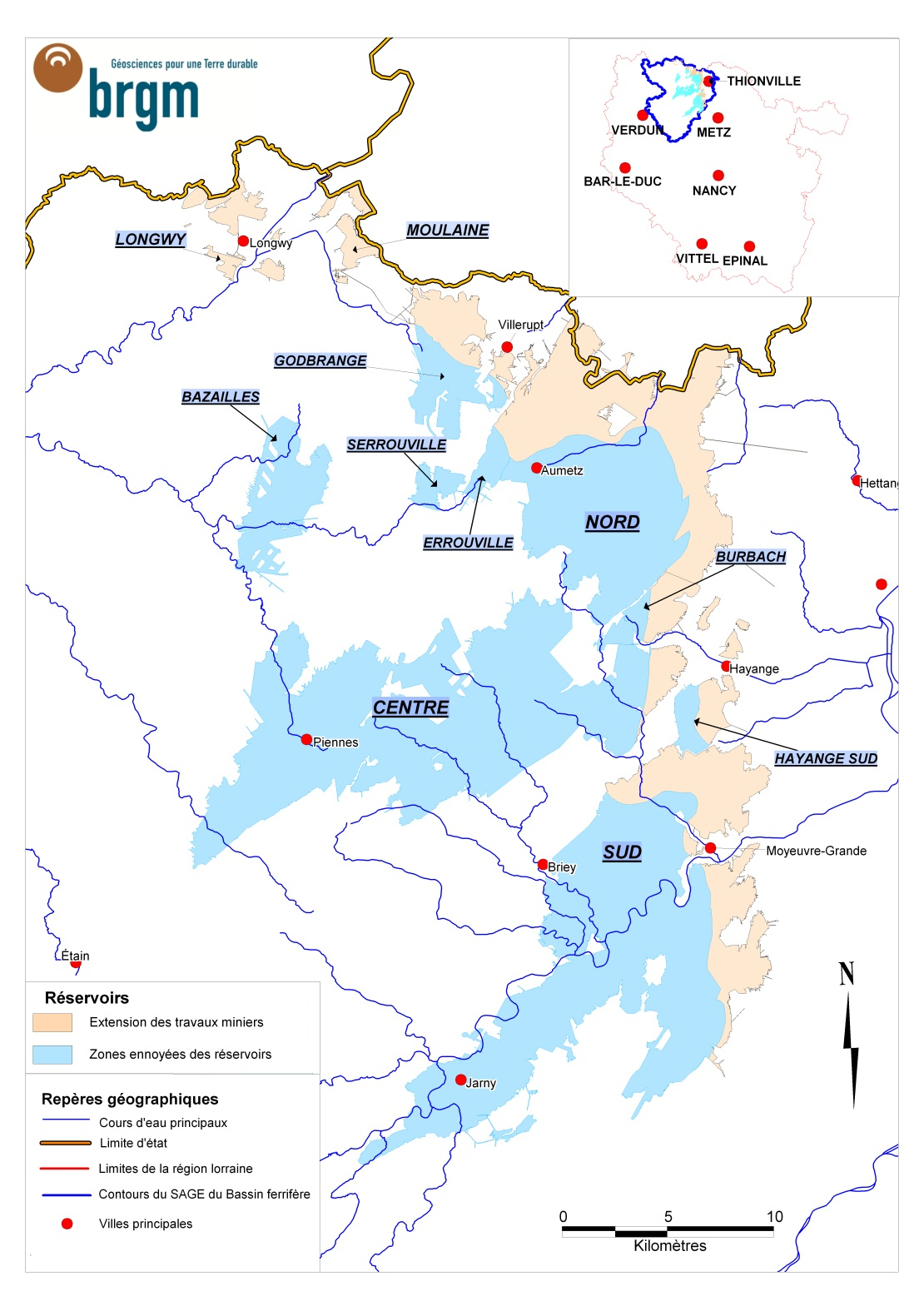Localisation des réservoirs miniers du bassin ferrifère lorrain