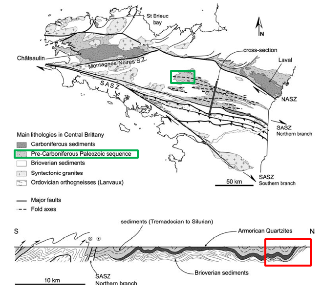 Géologie simplifiée du centre Bretagne et coupe géologique (Le Corre, 1977, dans Gumiaux, 2003) ; en rouge, localisation et position structurale du secteur de l’itinéraire ; en vert, les formations géologiques du Paléozoïque
SIGES
Géologie simplifiée du centre Bretagne et coupe géologique