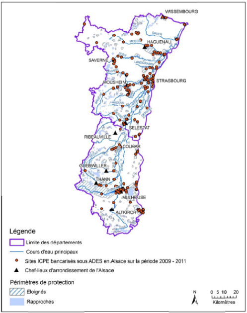 Localisation des sites ICSP en Alsace ayant fait l’objet d’une bancarisation dans ADES sur la période 2009-2011 (Rapport BRGM/RP-61710-FR)