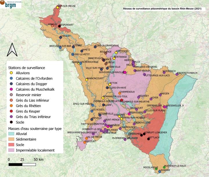 Carte de répartition des stations piézométriques sur le bassin Rhin-Meuse en 2021 (BRGM)