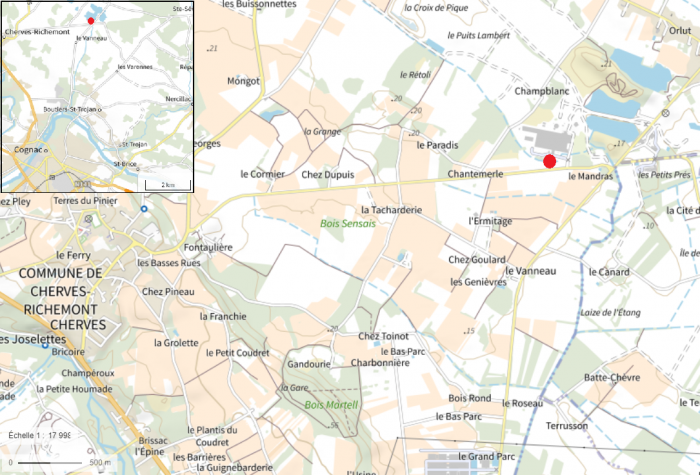 Carte de localisation du site "Carrières de Champblanc" (commune de Cherves-Richemont)
© IGN
Carte de localisation du site "Carrières de Champblanc" (commune de Cherves-Richemont)
