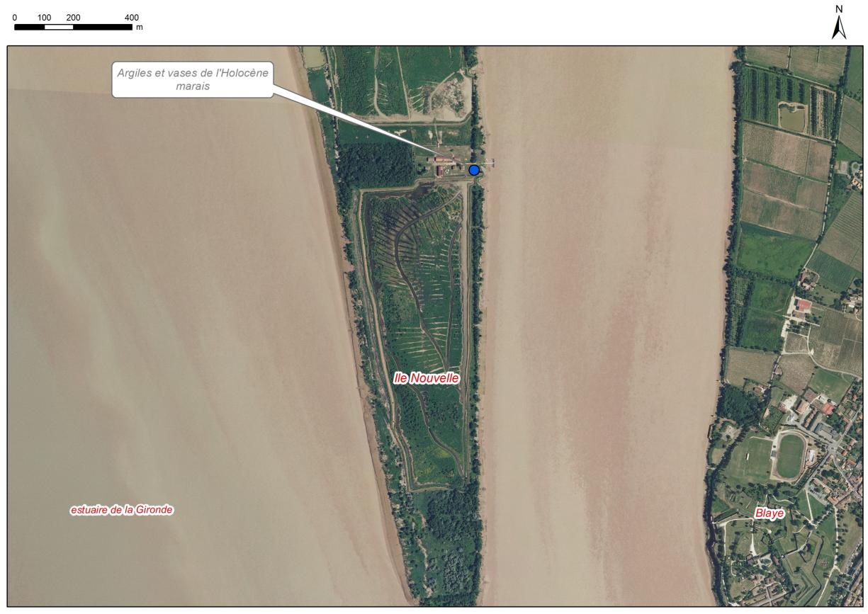 Localisation des affleurements décrits pour le site "Marais Ile Nouvelle" (communes de Blaye et Saint-Genès-de-Blaye)
© IGN, Convention N°0137/GIP ATGeRi
Localisation des affleurements décrits pour le site "Marais Ile Nouvelle" (communes de Blaye et Saint-Genès-de-Blaye)