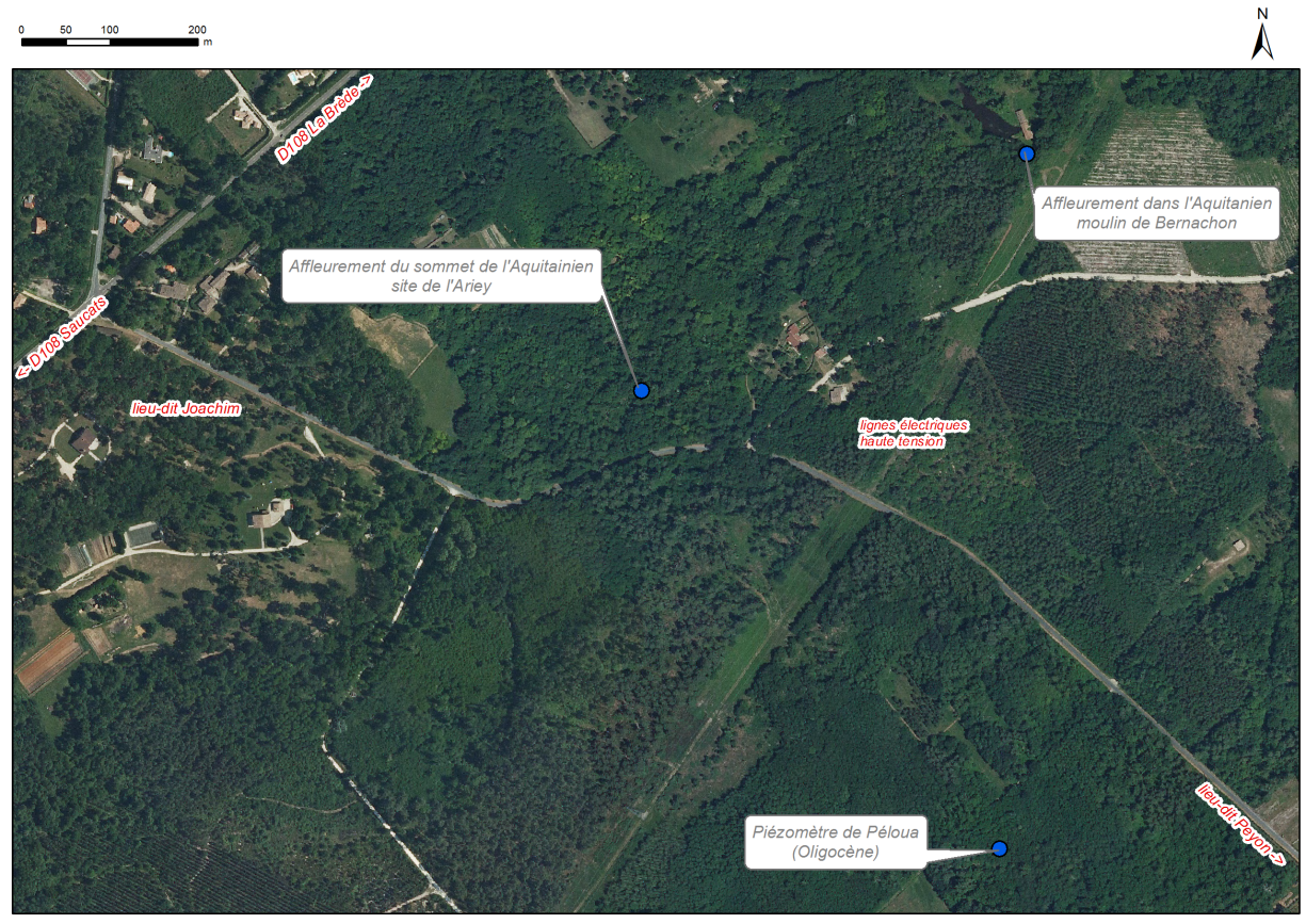 Localisation des affleurements décrits pour les sites "Site de Péloua", Site du Moulin de Bernachon" et "Site de l'Ariey" (commune de Saucats)
© IGN, Convention N°0137/GIP ATGeRi
Localisation des affleurements décrits pour les sites "Site de Péloua", Site du Moulin de Bernachon" et "Site de l'Ariey" (commune de Saucats)