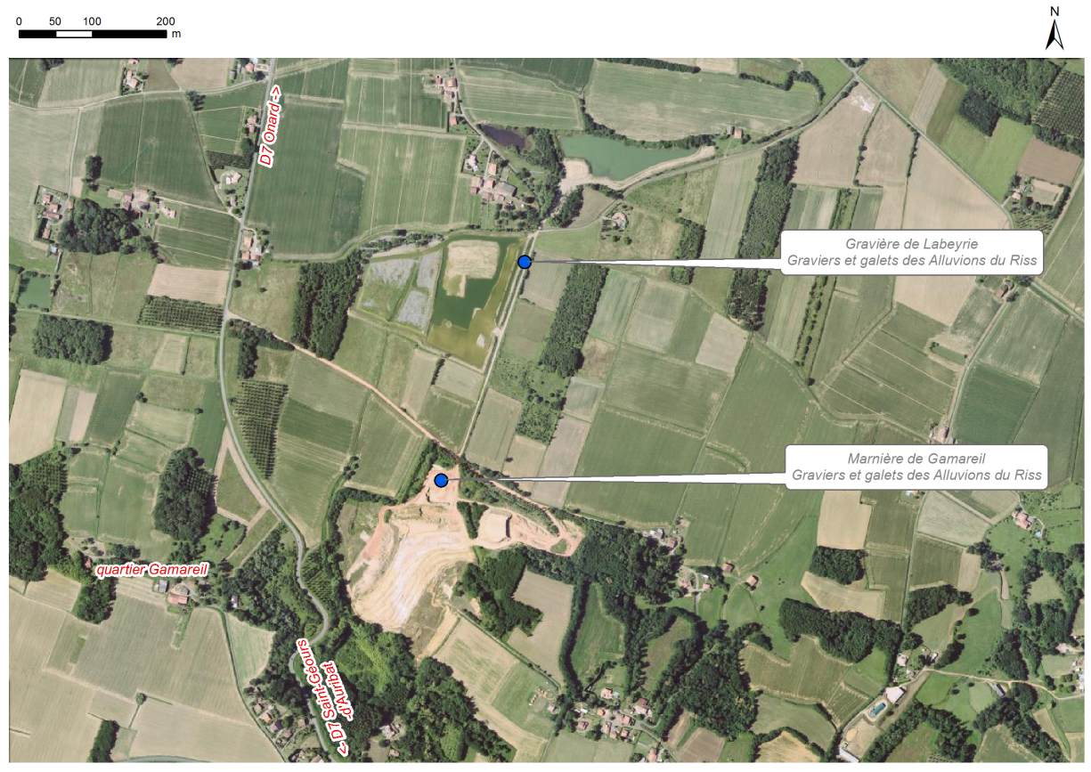 Localisation des affleurements décrits pour le site "Ancienne gravière de Labeyrie" (commune d'Onard)