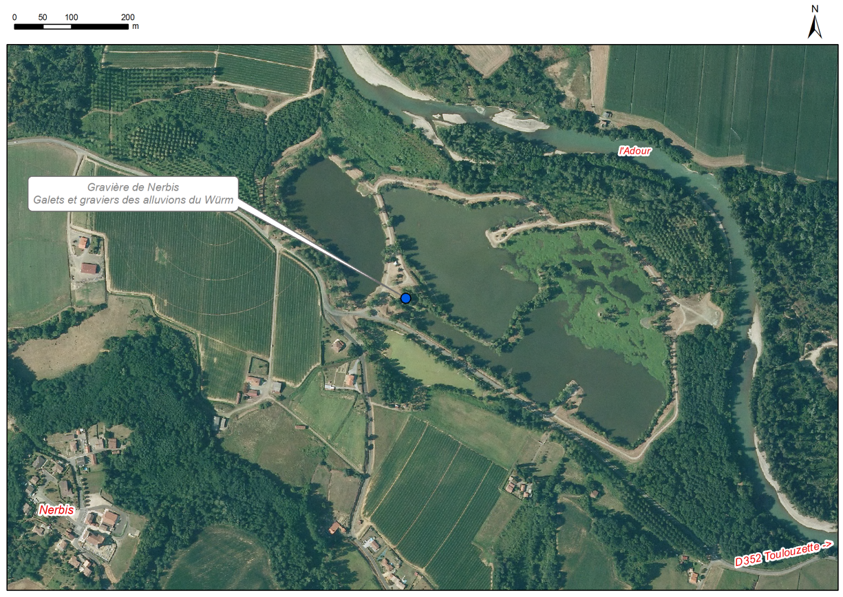 Localisation des affleurements décrits pour le site "Ancienne gravière de Nerbis" (commune de Nerbis)