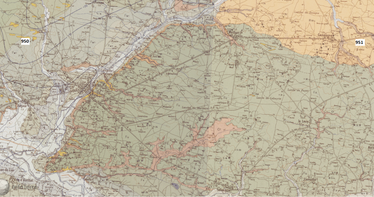 Extrait des cartes géologiques au 1/50 000 de Tartas (950) et Mont-de-Marsan (951)
SIGES
Extrait des cartes géologiques au 1/50 000 de Tartas (950) et Mont-de-Marsan (951)
