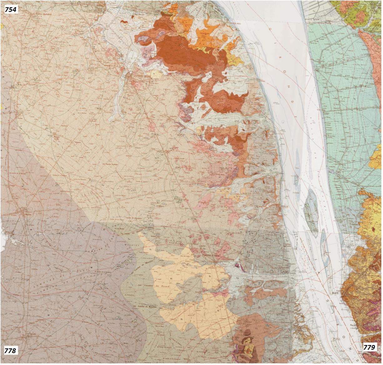 Extrait des cartes géologiques au 1/50 000 de Lesparre-Médoc (754), Saint-Laurent-et-Benon (778) et Blaye (779)
SIGES
Extrait des cartes géologiques au 1/50 000 de Lesparre-Médoc (754), Saint-Laurent-et-Benon (778) et Blaye (779)