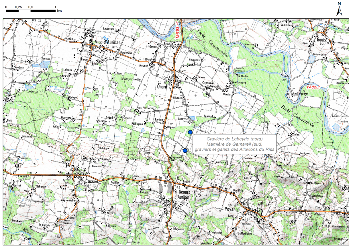 Carte de localisation du site "Ancienne gravière de Labeyrie" (commune d'Onard)
