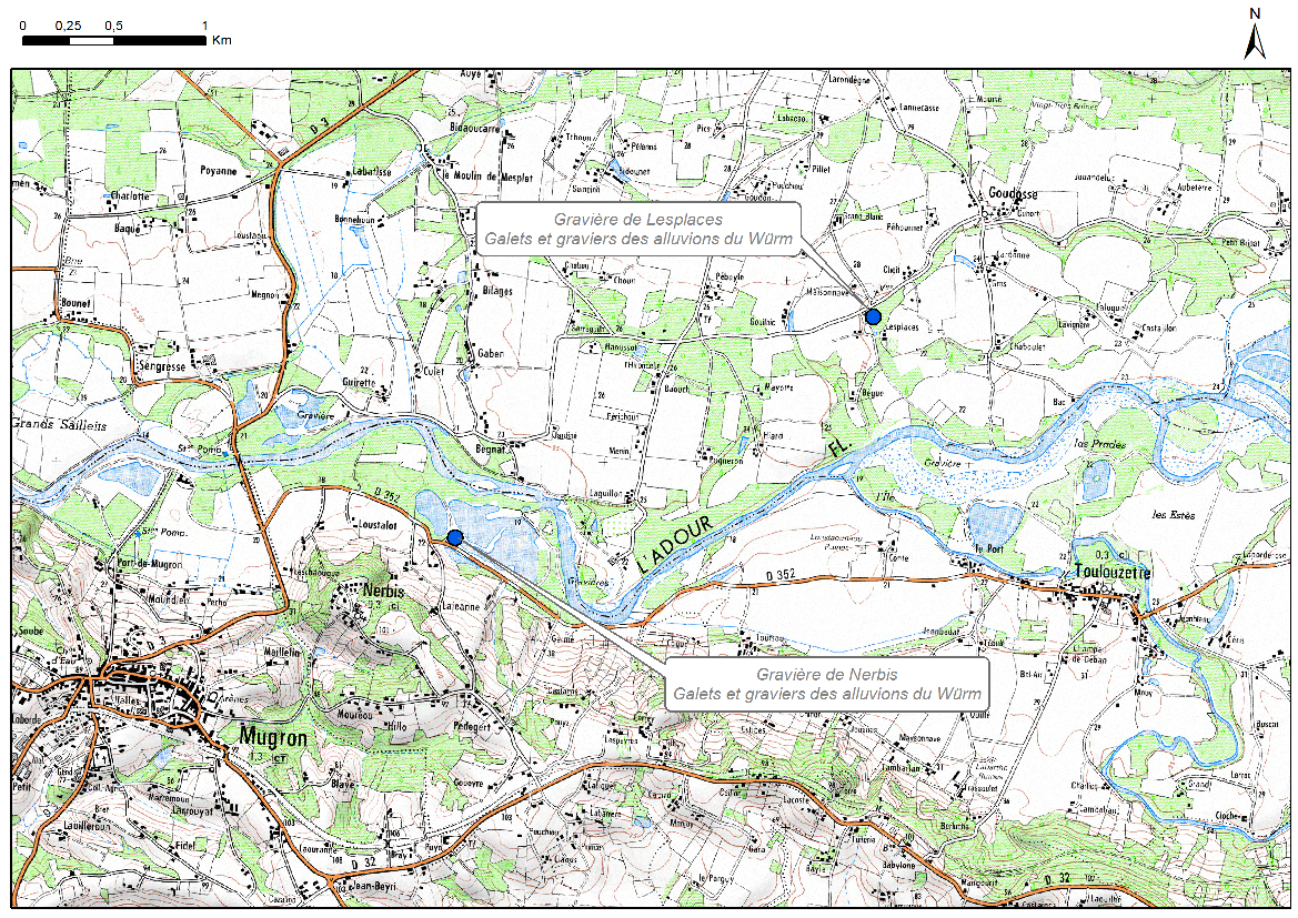 Carte de localisation des sites "Ancienne gravière de Nerbis" et "Ancienne gravière de Lesplaces" (communes de Nerbis et Souprosse)