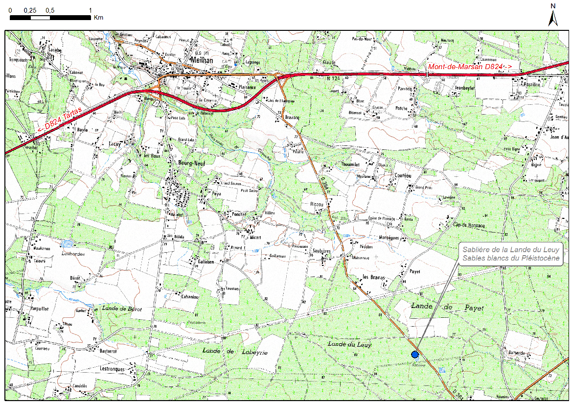 Carte de localisation du site "Sablière de la Lande de Leuy" (commue de Meilhan)