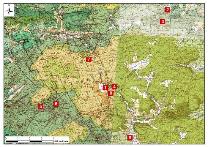 Localisation des différents arrêts de la balade de Paimpont sur les cartes géologiques au 1/50 000 du secteur
SIGES
Localisation des différents arrêts de la balade de Paimpont sur les cartes géologiques au 1/50 000 du secteur