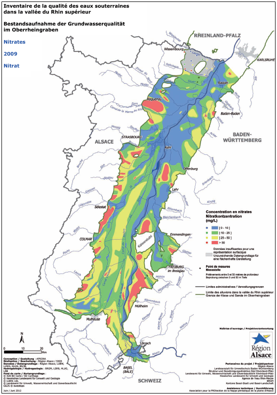 Exemple de carte issue de l’inventaire 2009 de la qualité des eaux souterraines dans la vallée du Rhin supérieur - Les nitrates