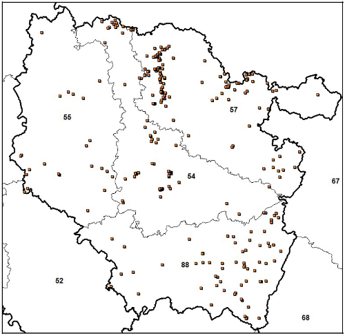 Répartition géographique des sites en Lorraine (Rapport BRGM/RP-62288-FR)