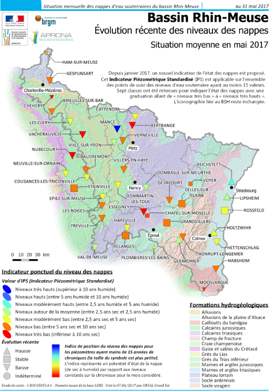 Carte du bulletin de situation des nappes d'eau souterraine du bassin Rhin-Meuse - exemple du mois de mai 2017.