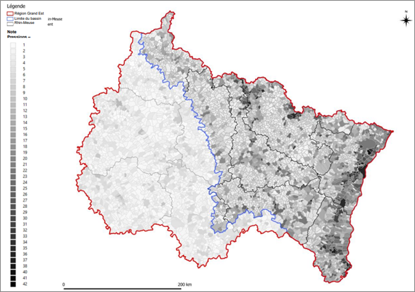 Carte des notes « Pression – Transfert – Impact » des communes du Grand Est et du bassin Rhin-Meuse (rapport BRGM- RP-69815-FR)