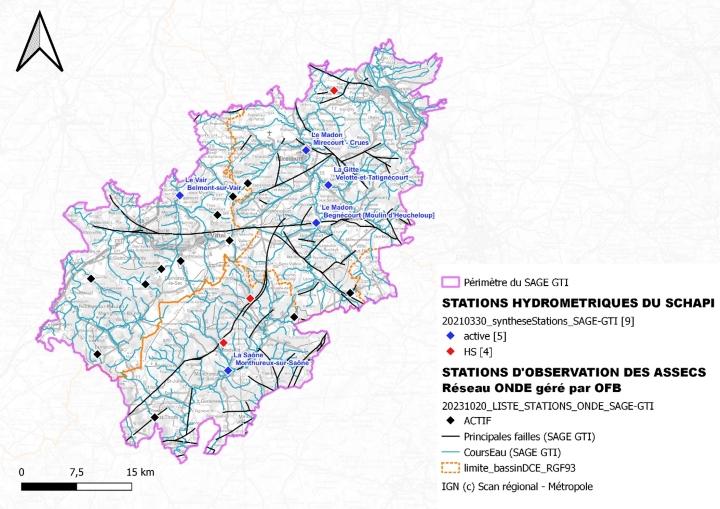 Carte de localisation des stations d’observation ONDE (https://onde.eaufrance.fr/) et du SCHAPI (https://hydro.eaufrance.fr/ )