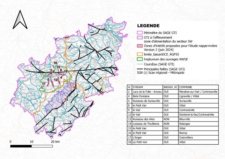 Carte de localisation des zones d’intérêt pour une caractérisation des échanges nappe-rivière
