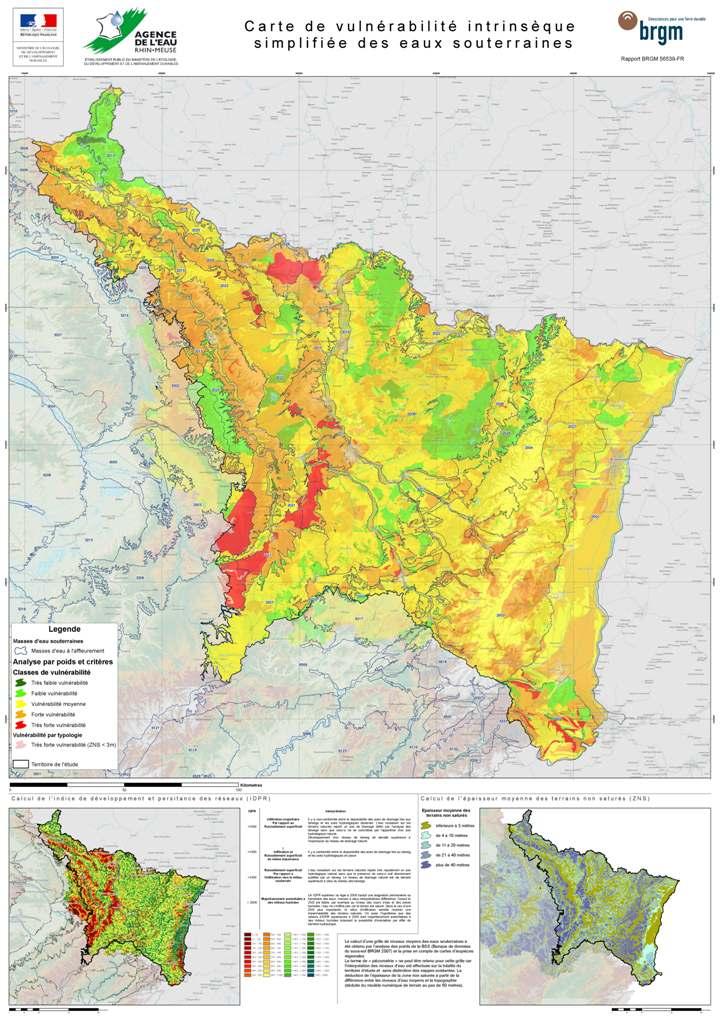 Carte de vulnérabilité intrinsèque simplifiée des eaux souterraines du bassin Rhin-Meuse et de la région Lorraine (Mardhel V., 2010, BRGM/RP-56539-FR)