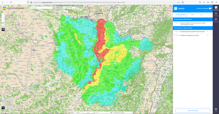 Espace cartographique des ressources géothermiques en Lorraine sur le site Géothermies
Géothermies - BRGM
Espace cartographique des ressources géothermiques en Lorraine sur le site Géothermies