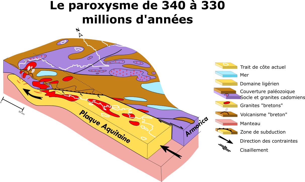 Le paroxysme de la déformation de 340 à 330 millions d’années (modifié, d’après Lajoinie et al., 1986)
@brgm
Le paroxysme de la déformation de 340 à 330 millions d’années (modifié, d’après Lajoinie et al., 1986)