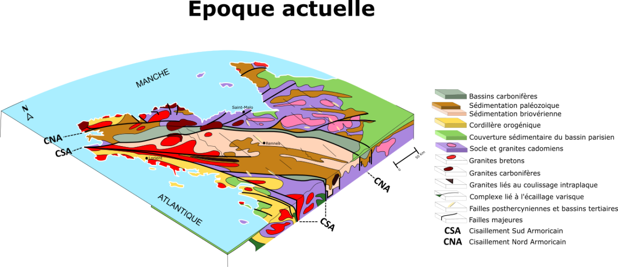 Illustration 4 : Bloc diagramme 3D du Massif Armoricain (modifié, d’après Lajoinie et al., 1986)
@brgm
Illustration 4 : Bloc diagramme 3D du Massif Armoricain (modifié, d’après Lajoinie et al., 1986)