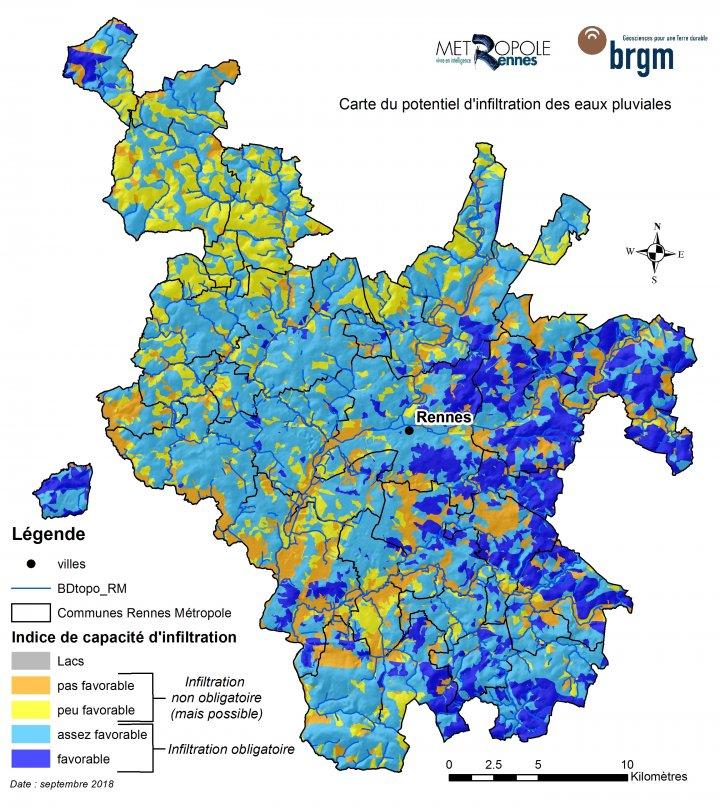 Carte du potentiel d’infiltration des eaux pluviales de Rennes Métropole © BRGM