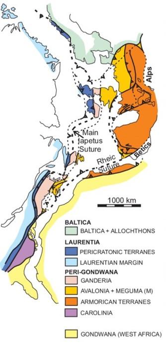 Reconstitution de la chaine appalachienne transatlantique avant l’ouverture de l’Atlantique (à gauche : Laurentia ; à droite : Gondwana)
BRGM
Reconstitution de la chaine appalachienne transatlantique avant l’ouverture de l’Atlantique (à gauche : Laurentia ; à droite : Gondwana)