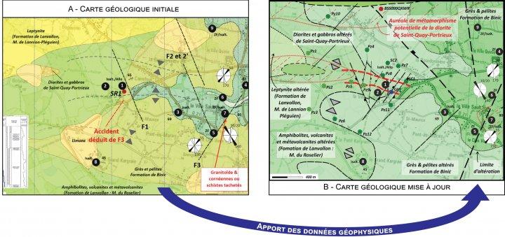 Illustration 5 – Evolution de la carte géologique du secteur de la Ville-Hélio grâce aux résultats géophysiques
@brgm
Illustration 5 – Evolution de la carte géologique du secteur de la Ville-Hélio grâce aux résultats géophysiques