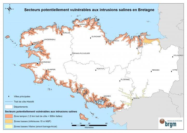 Zones potentiellement vulnérables aux intrusions salines
@brgm
Zones potentiellement vulnérables aux intrusions salines