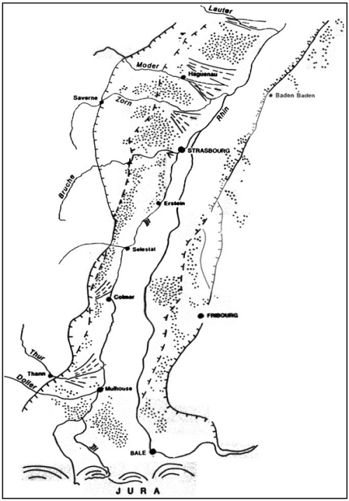 Répartition des loess (figuré en pointillé) dans le Fossé rhénan supérieur - Ménillet, 1995
©BRGM - F. Ménillet, 1995
Répartition des loess (figuré en pointillé) dans le Fossé rhénan supérieur - Ménillet, 1995