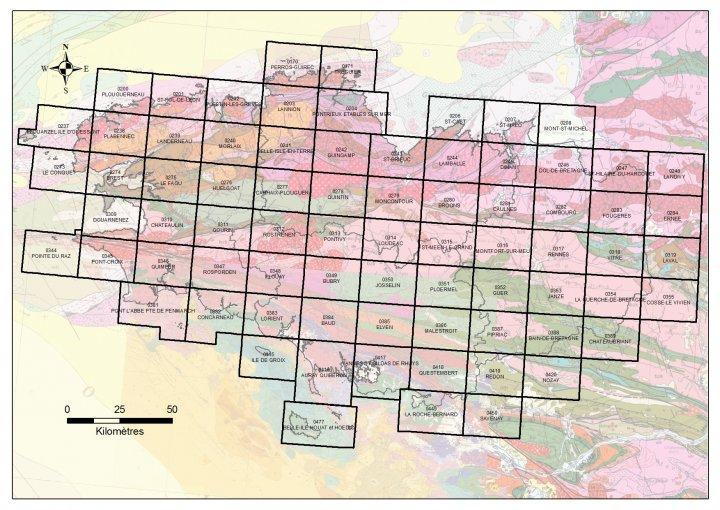 Cartes géologiques de la région Bretagne - emprise, numéros et noms