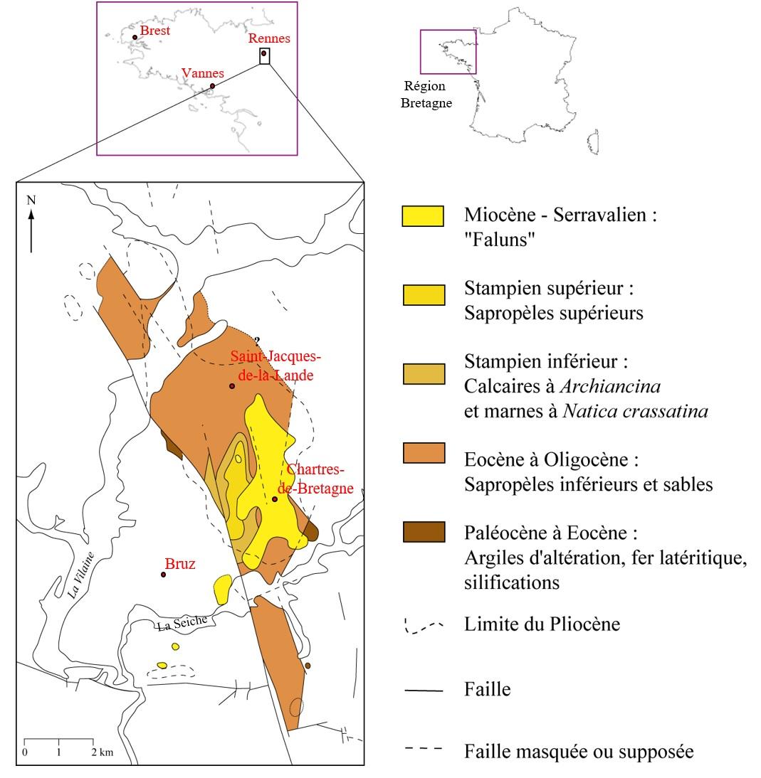 Situation géographique du bassin de Bruz - Chartres-de-Bretagne et carte géologique des formations d’âge Tertiaire du bassin (modifiée d’après Thomas, 1999)
SIGES Bretagne
B3_IMG-2