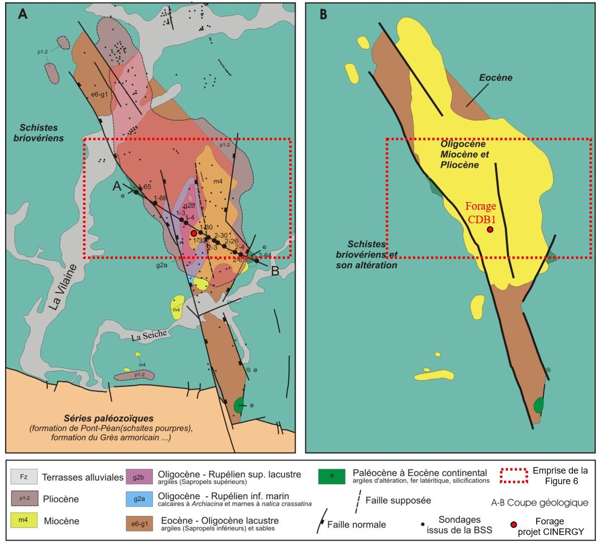 A : Carte géologique du bassin de Bruz - Chartres-de-Bretagne modifiée d’après Thomas (1999) ; B : Simplification de la géologie - BSS : Banque de données du Sous-Sol du BRGM
SIGES Bretagne
B3_IMG-3