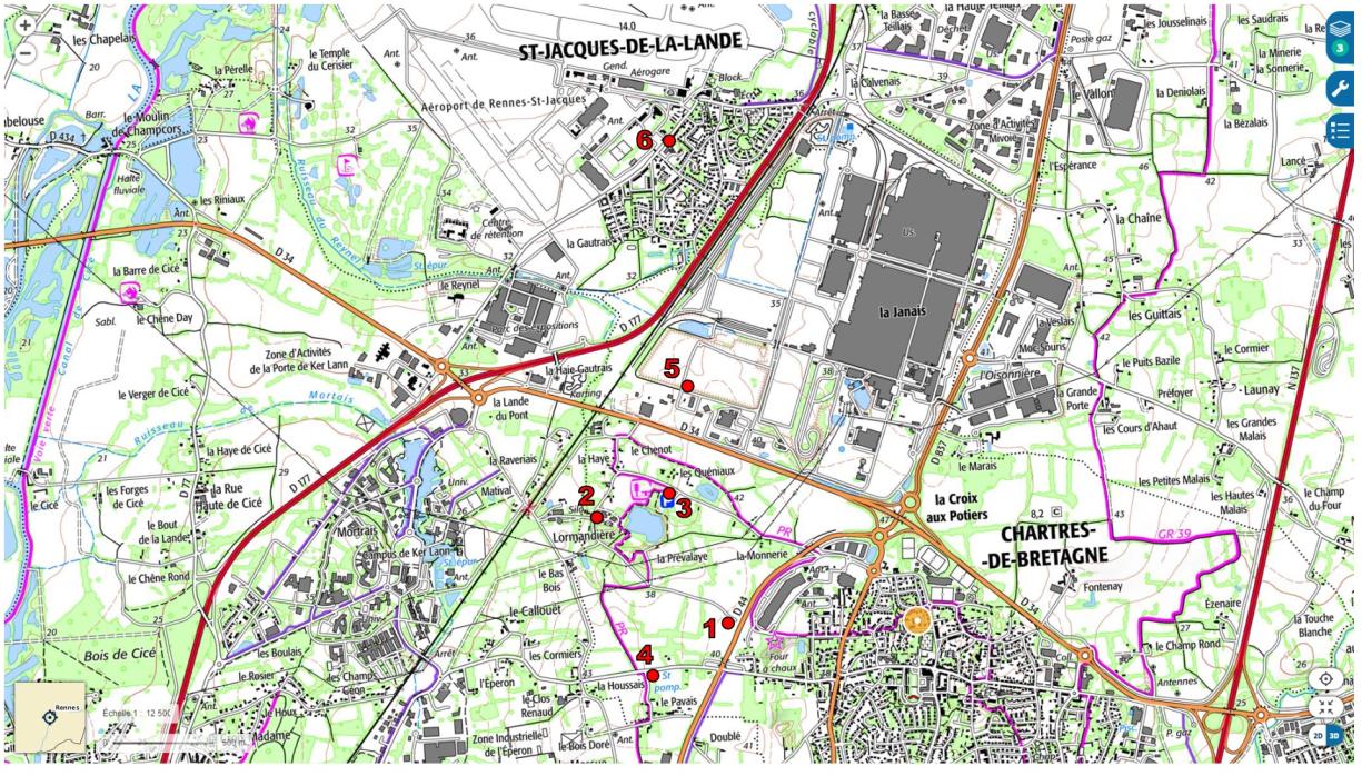 Localisation des différents arrêts de l’itinéraire sur fond de carte topographique IGN au 1/25 000 (source : Géoportail)
SIGES Bretagne
B3_IMG-5