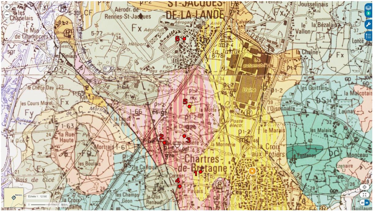 Localisation des différents arrêts de l’itinéraire sur les cartes géologiques au 1/50 000 du secteur (source : Géoportail)
SIGES Bretagne
B3_IMG-6