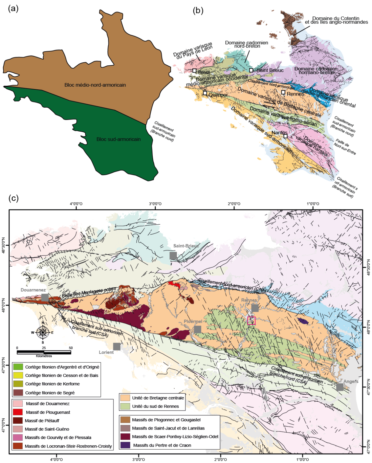 (a) schéma simplifié montrant les deux principaux blocs géologiques qui constituent le Massif armoricain. (b) schéma montrant les différents domaines géologiques définis par Chantraine et al. (2003) pour le Massif armoricain (adapté de Chantraine et al., (2003)). (c) Carte montrant les principales unités géologiques du Domaine varisque de Bretagne centrale (adapté de Chantraine et al., (2003)). Le carré rouge de la figure (c) localise le bassin de Bruz-Chartres-de-Bretagne.
SIGES Bretagne
B3_IMG-7
