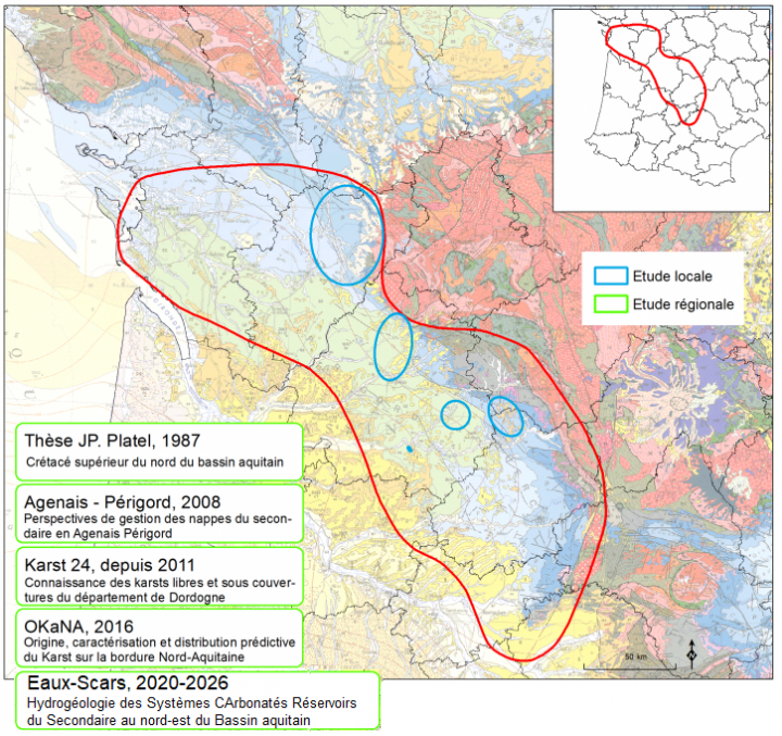 Illustration des formations karstiques du Jurassique et du Crétacé, de la bordure nord-est du bassin sédimentaire
BRGM
Carte karsts bordure bassin