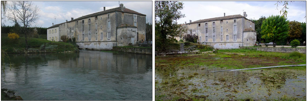 Sources de La Touvre (Charente) : un des trois principaux exutoires, le Font de Lussac, s’ouvre sur la gauche au premier plan (à gauche, en période de crue, à droite, en étiage)
cliché gauche : R. Maire 25/03/2007, cliché droite : B. Losson 16/09/2011
Photo La Touvre