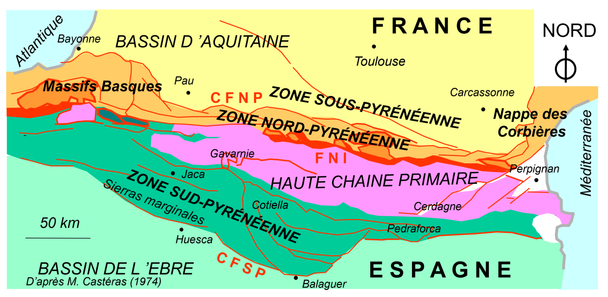 Carte synthétique de la structure actuelle des Pyrénées, depuis les massifs basques jusqu’à la nappe des Corbières (Canérot J., d’après Castéras M., 1974)
Canérot J., d’après Castéras M., 1974
Pyrennees_CarteSynthese