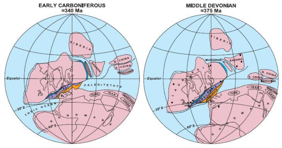 Essai de reconstruction géodynamique de la chaine varisque au Dévono-Carbonifère - Formation de la Pangée (Matte, 2001)
Formation de la Pangée (Matte, 2001)
Socle-Carbonif_supercontinent