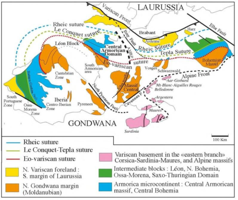 Carte schématique des domaines lithotectoniques des massifs varisques de l’Europe de l’Ouest (Faure, 2023)
Faure, 2023
socle_Carte-GondwanaLaurussia