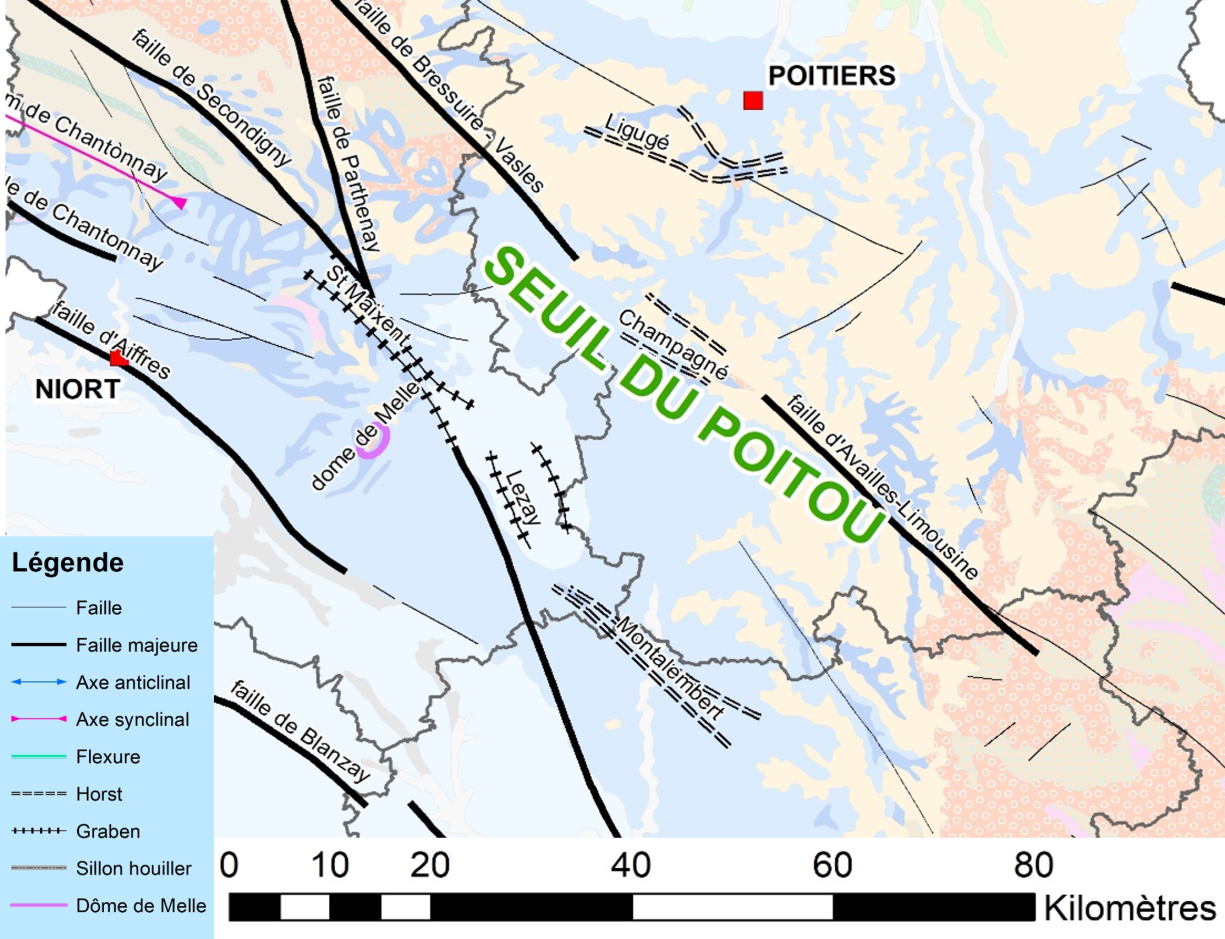 Carte des principales structures présentes au niveau du seuil du Poitou (®BRGM)
BRGM
Seuil_CarteStruct