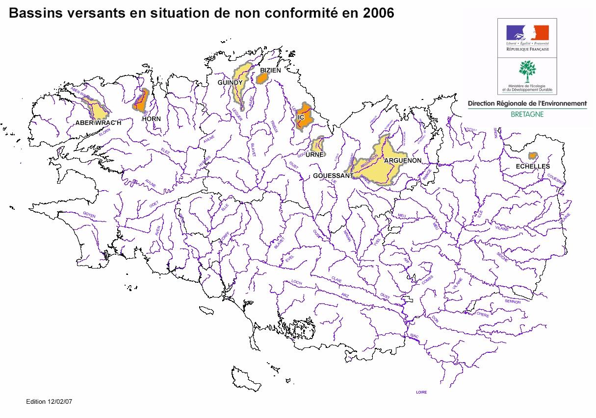 Localisation des bassins versants en contentieux nitrates en 2006 (source : DIREN) Localisation des bassins versants en contentieux nitrates en 2006 (source : DIREN)