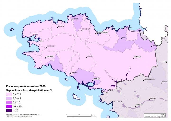 Pression des prélèvements annuels déclarés à l’Agence de l’eau Loire-Bretagne sur les nappes libres en 2009AELB Pression des prélèvements annuels déclarés à l’Agence de l’eau Loire-Bretagne sur les nappes libres en 2009