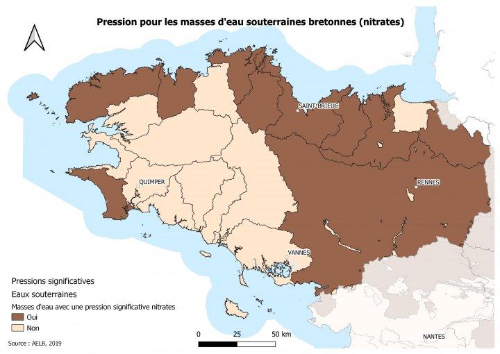 Pression brute liée aux apports diffus de nitrates dans les eaux souterraines bretonnesAELB Pression brute liée aux apports diffus de nitrates dans les eaux souterraines bretonnes